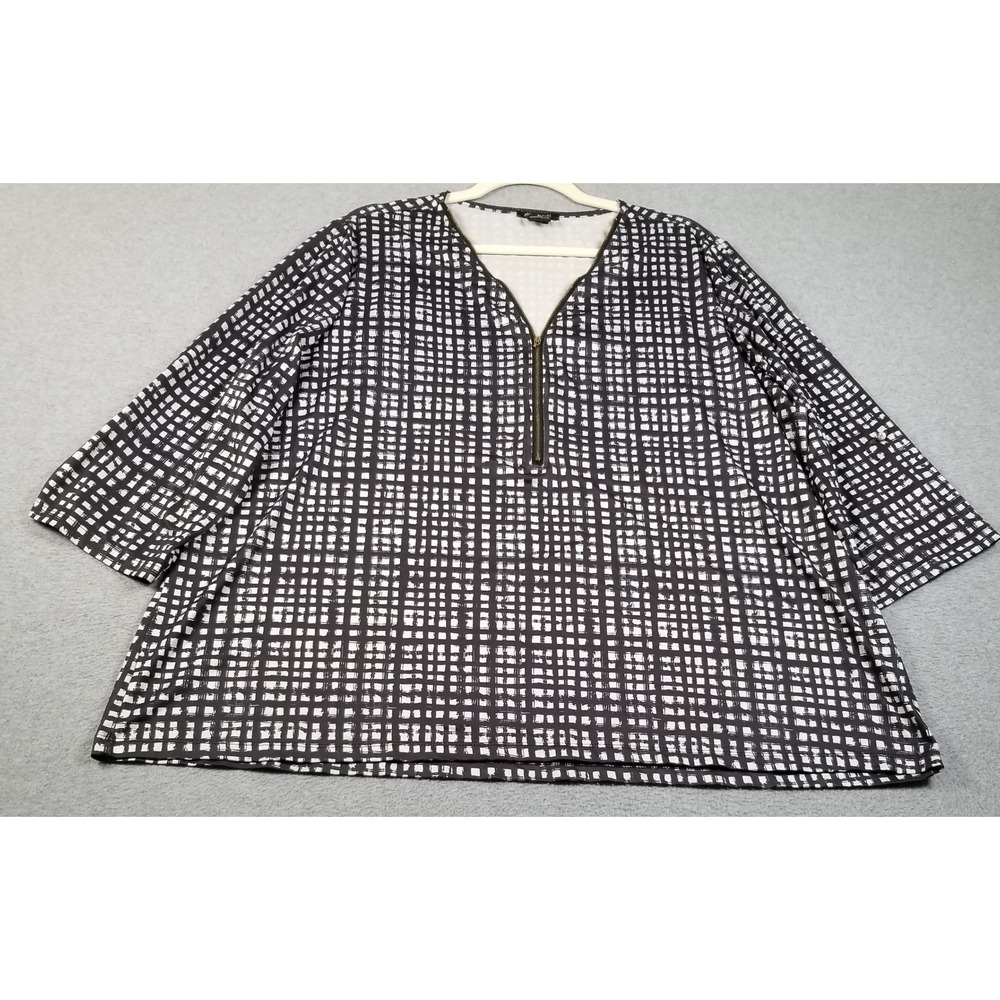 Robert Louis Blouse Womens 3X Plus Black White Plaid 1/4 Zip 3/4 Sleeves Stretch